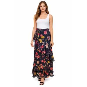 Eliza J Size 2 Black Floral Chiffon Maxi Skirt Tiered Ruffle Formal Fairy